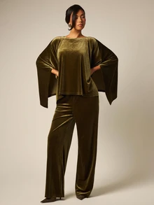 COSMINA Velvet Olive Green Asymmetrical Hem Batwing Sleeve Top And Pants Set Party Party Night Everyday Night Dinner Cocktail Summer Mature Elegant - Olive Green - View 7
