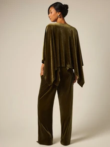 COSMINA Velvet Olive Green Asymmetrical Hem Batwing Sleeve Top And Pants Set Party Party Night Everyday Night Dinner Cocktail Summer Mature Elegant - Olive Green - View 2