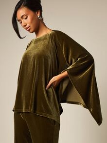 COSMINA Velvet Olive Green Asymmetrical Hem Batwing Sleeve Top And Pants Set Party Party Night Everyday Night Dinner Cocktail Summer Mature Elegant - Olive Green - View 3