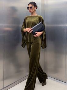COSMINA Velvet Olive Green Asymmetrical Hem Batwing Sleeve Top And Pants Set Party Party Night Everyday Night Dinner Cocktail Summer Mature Elegant - Olive Green - View 1