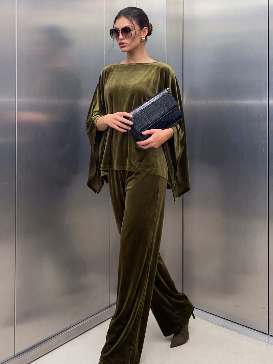 COSMINA Velvet Olive Green Asymmetrical Hem Batwing Sleeve Top And Pants Set Party Party Night Everyday Night Dinner Cocktail Summer Mature Elegant - Olive Green - View 1