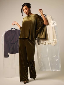 COSMINA Velvet Olive Green Asymmetrical Hem Batwing Sleeve Top And Pants Set Party Party Night Everyday Night Dinner Cocktail Summer Mature Elegant - Olive Green - View 5