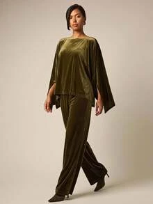 COSMINA Velvet Olive Green Asymmetrical Hem Batwing Sleeve Top And Pants Set Party Party Night Everyday Night Dinner Cocktail Summer Mature Elegant - Olive Green - View 8