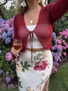 SHEIN MOD 大尺碼 V 領喇叭袖綁結蝴蝶結上衣 白色秋季上衣 - 酒紅色 - 查看 3