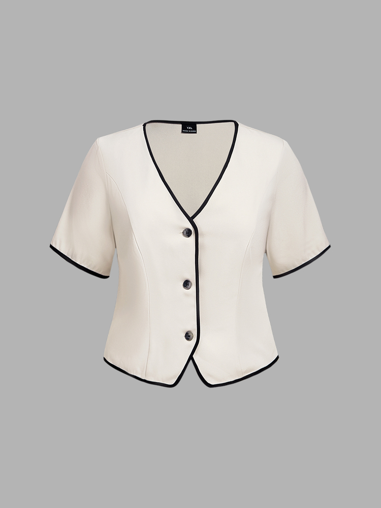 SHEIN MOD Setelan 2 Potong Kasual Sehari-hari untuk Wanita Ukuran Plus dengan Atasan Lengan Pendek Berkerah V dan Rok Mini Warna Kontras, Model Kancing Tunggal - Aprikot - View 7