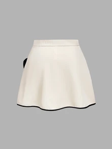 SHEIN MOD طقم نسائي كاجوال يومي من قطعتين بمقاس كبير، ملابس علوية بياقة V وألوان متباينة وأزرار أمامية وأكمام قصيرة مع تنورة قصيرة - لون مشمشي - مشاهدة 5