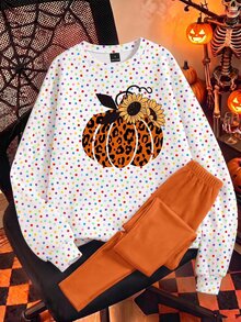 SHEIN EZwear 女款萬聖節休閒套裝，簡約可愛，豹紋南瓜圖案，南瓜色，寬鬆圓領衛衣搭配鬆緊腰長褲，適合秋冬季節派對，秋季、冬季，可愛休閒穿搭 - 彩色 - 查看 1