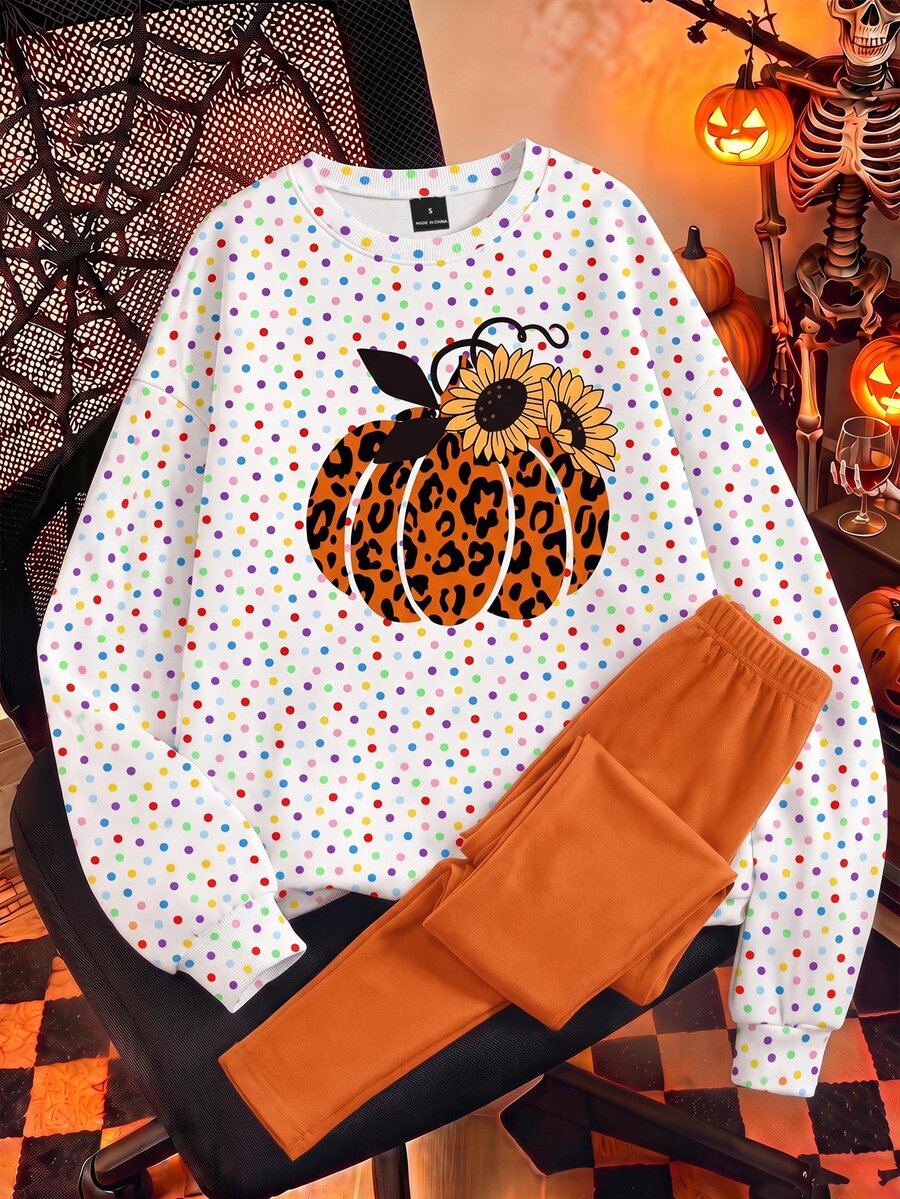 SHEIN EZwear 女款萬聖節休閒套裝,簡約可愛,豹紋南瓜圖案,南瓜色,寬鬆圓領衛衣搭配鬆緊腰長褲,適合秋冬季節派對,秋季、冬季,可愛休閒穿搭 - 彩色 - 查看 1