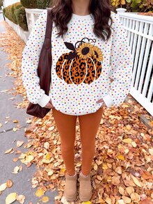 SHEIN EZwear 女款萬聖節休閒套裝，簡約可愛，豹紋南瓜圖案，南瓜色，寬鬆圓領衛衣搭配鬆緊腰長褲，適合秋冬季節派對，秋季、冬季，可愛休閒穿搭 - 彩色 - 查看 7
