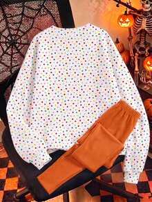 SHEIN EZwear 女款萬聖節休閒套裝，簡約可愛，豹紋南瓜圖案，南瓜色，寬鬆圓領衛衣搭配鬆緊腰長褲，適合秋冬季節派對，秋季、冬季，可愛休閒穿搭 - 彩色 - 查看 2