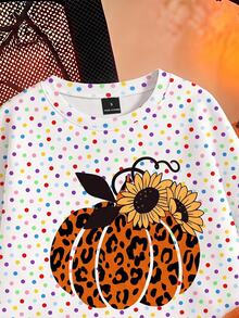 SHEIN EZwear 女款萬聖節休閒套裝，簡約可愛，豹紋南瓜圖案，南瓜色，寬鬆圓領衛衣搭配鬆緊腰長褲，適合秋冬季節派對，秋季、冬季，可愛休閒穿搭 - 彩色 - 查看 4