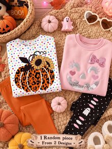 SHEIN EZwear 女款萬聖節休閒套裝，簡約可愛，豹紋南瓜圖案，南瓜色，寬鬆圓領衛衣搭配鬆緊腰長褲，適合秋冬季節派對，秋季、冬季，可愛休閒穿搭 - 彩色 - 查看 6