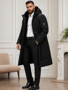 EGENSIO Men's Long Thick Padded Coat, Hooded Fleece-Lined Winter Outerwear, Warm Quilted With Pockets, Suitable For Cold Weather, Puffer - Black - View 3