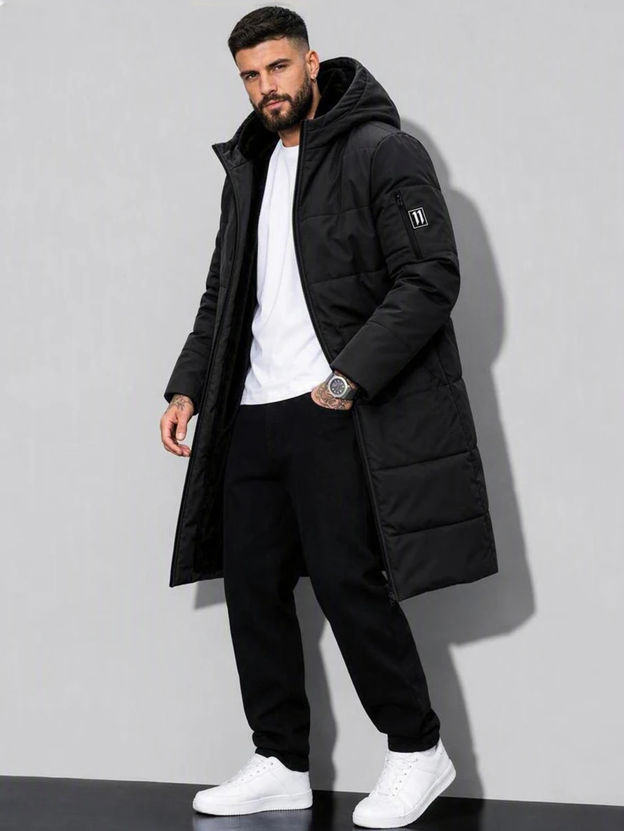 EGENSIO Men's Long Thick Padded Coat, Hooded Fleece-Lined Winter Outerwear, Warm Quilted With Pockets, Suitable For Cold Weather, Puffer - Black - View 1