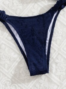 SHEIN Swim 2 件套女士春假夏季沙滩装 - 纯色褶皱花卉面料厚肩带钢圈文胸可爱比基尼套装 - 藏蓝色 - 查看 4