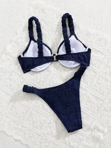 SHEIN Swim 2 件套女士春假夏季沙滩装 - 纯色褶皱花卉面料厚肩带钢圈文胸可爱比基尼套装 - 藏蓝色 - 查看 2
