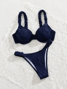 SHEIN Swim 2 件套女士春假夏季沙滩装 - 纯色褶皱花卉面料厚肩带钢圈文胸可爱比基尼套装 - 藏蓝色 - 查看 3