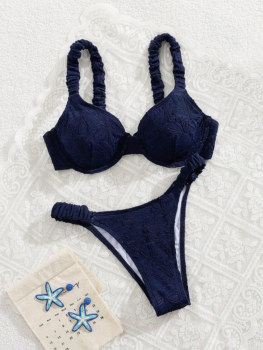 SHEIN Swim 2 件套女士春假夏季沙滩装 - 纯色褶皱花卉面料厚肩带钢圈文胸可爱比基尼套装 - 藏蓝色 - 查看 1