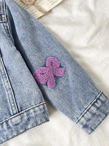 女童 Y2K 時尚蝴蝶結毛巾刺繡藍色丹寧寬鬆夾克，適合女童秋冬街頭風穿搭，幼童夾克，萬聖節夾克 - 藍色 - 查看 6
