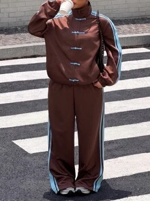 Muchica 大尺碼秋季棕色條紋拼色織帶拼接休閒 80s 90s 70s 街頭風寬鬆兩件套 度假派對海灘穿搭 - 棕色 - 查看 2