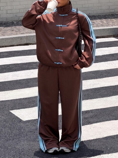 Muchica Set casual streetwear ampio a due pezzi taglie forti, autunno/inverno, marrone a righe con colorblock e patchwork in fettuccia, per uso quotidiano e vacanze