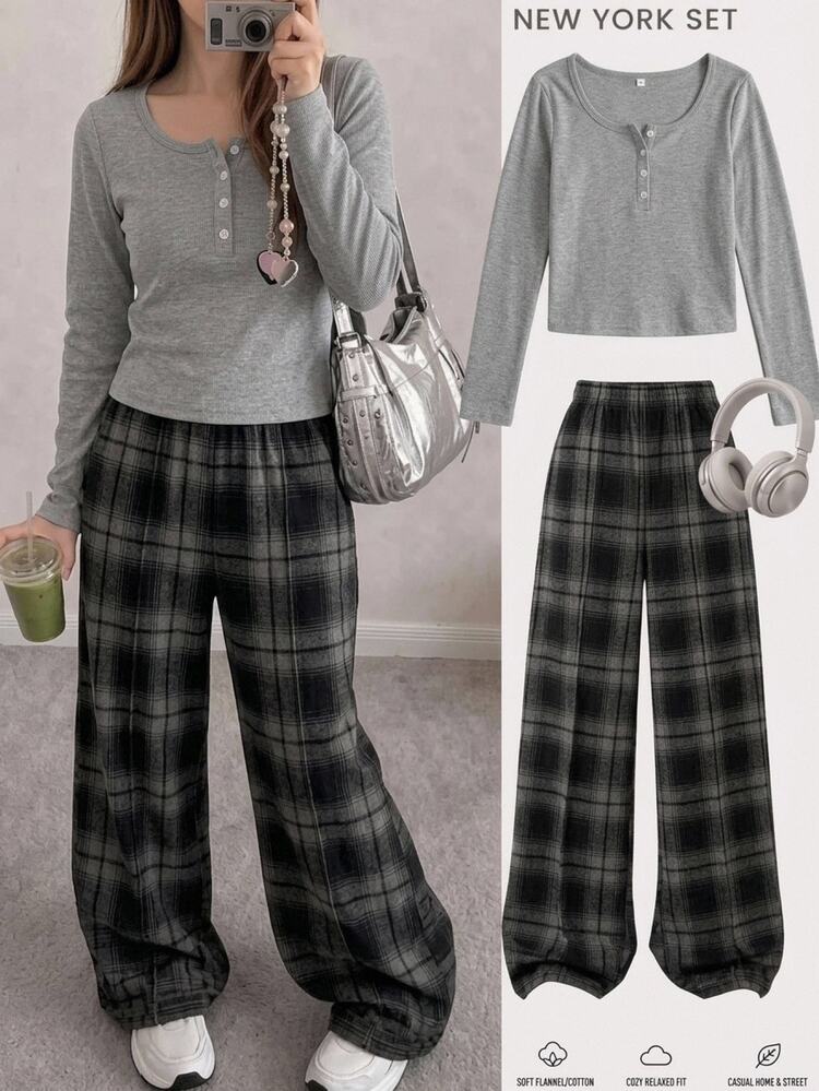 SHEIN Tween Girls Plaid Simple Kids Long Sleeve Fashion Casual Pants Set Fall/Winter Outfits Halloween/Christmas - Grey - View 2