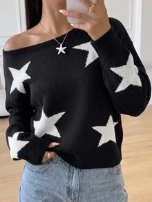 SHEIN Teen Girl Teen Girls Sweaters Daliy Autumn,Winter Start Pattern - Black and White - View 1