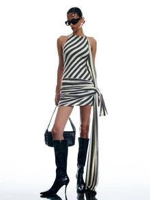 LYSMO Gaun Kasual Wanita Motif Garis-Garis dengan Simpul Samping dan Leher Model Halter - MultiWarna - View 8