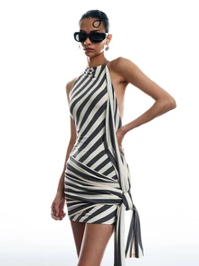 LYSMO Gaun Kasual Wanita Motif Garis-Garis dengan Simpul Samping dan Leher Model Halter - MultiWarna - View 5