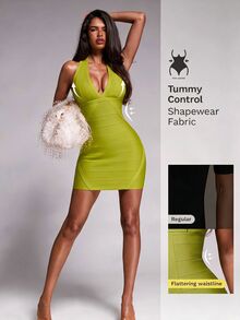 Nuvra Sexy Backless Fitted Short Bodycon Dress With Scarf Neck, Slimming And Leg-Lengthening, Commuter Style - Green - View 8