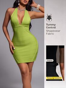 Nuvra Sexy Backless Fitted Short Bodycon Dress With Scarf Neck, Slimming And Leg-Lengthening, Commuter Style - Green - View 1