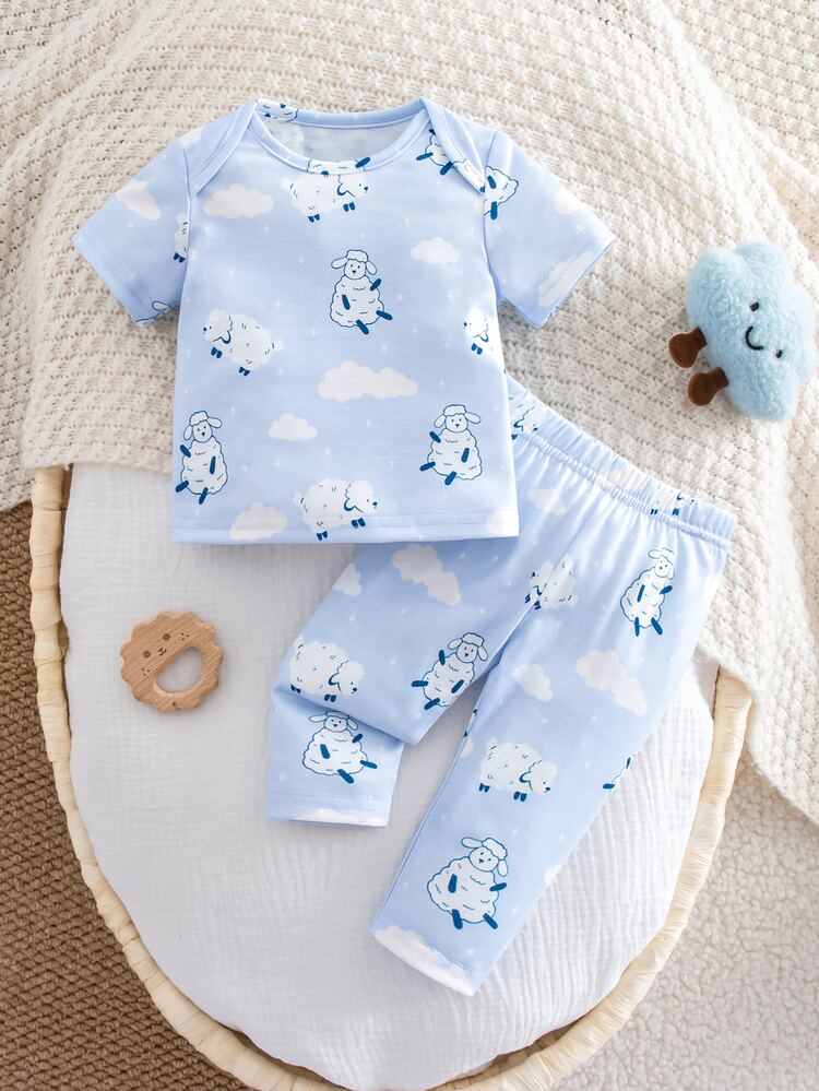 SHEIN Newborn Baby Boy Cute Cartoon Pattern Short Sleeve Top And Long Pants Set, Summer Baby   For Baby Baby Unisex Clothes Sets Baby Clothes Sets - Blue - View 4