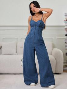 SHEIN PETITE 純色休閒性感百搭無袖牛仔連身褲，春夏款，適合嬌小女性，夜店外出穿搭，牛仔藍 - 中等水洗藍 - 查看 3