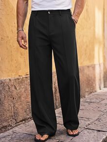HIMLAND Men Solid Black High Waist Wide Leg Pants Pleated Front Zip Fly Drape Soft Fabric Straight Loose Fit Casual Trousers Minimalist Streetwear Daily Wear - Black - View 7