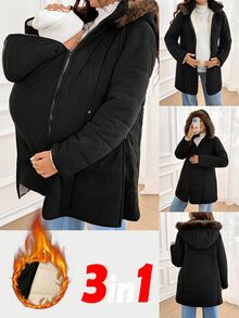 SHEIN Jaket Hamil Musim Gugur/Dingin Hangat Berkerudung 3-in-1 - Hitam - View 3