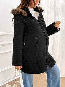 SHEIN Jaket Hamil Musim Gugur/Dingin Hangat Berkerudung 3-in-1 - Hitam - View 7