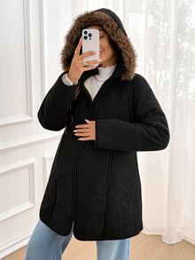 SHEIN Jaket Hamil Musim Gugur/Dingin Hangat Berkerudung 3-in-1 - Hitam - View 2