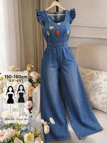 SHEIN PETITE Jumpsuit Denim Wanita dengan Bordir Bunga, Leher Persegi, dan Lengan Bergelombang - Biru - View 1