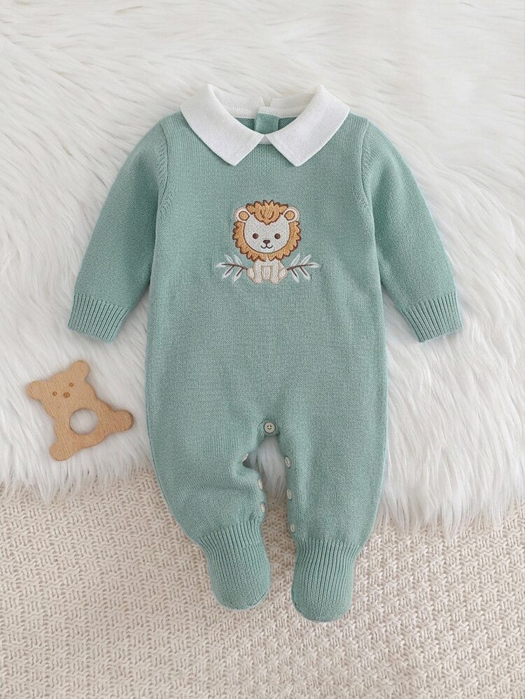 Kids Kids Newborn Cartoon Embroidered Knit Romper Autumn Winter Sweater Crawl Suit - Green - View 4