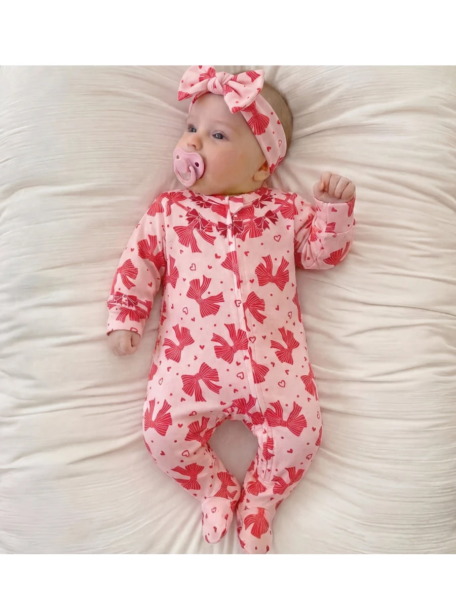 SHEIN Dozemod Kids 新生女宝宝简约蝴蝶结图案圆领长袖拉链针织连体睡衣 - 粉色 - 查看 1