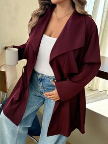 SHEIN CURVE+ Women's Loose Fit Mid-Length Lapel Collar Jacket Autumn Office Burgundy Smart Casual Elegant Christmas - Burgundy - View 4
