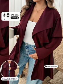 SHEIN CURVE+ Women's Loose Fit Mid-Length Lapel Collar Jacket Autumn Office Burgundy Smart Casual Elegant Christmas - Burgundy - View 9