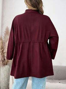 SHEIN CURVE+ Women's Loose Fit Mid-Length Lapel Collar Jacket Autumn Office Burgundy Smart Casual Elegant Christmas - Burgundy - View 2