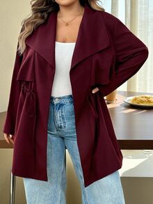 SHEIN CURVE+ Women's Loose Fit Mid-Length Lapel Collar Jacket Autumn Office Burgundy Smart Casual Elegant Christmas - Burgundy - View 7