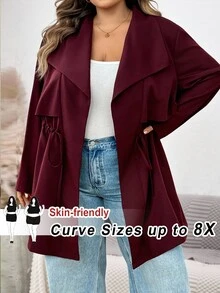 SHEIN CURVE+ Women's Loose Fit Mid-Length Lapel Collar Jacket Autumn Office Burgundy Smart Casual Elegant Christmas - Burgundy - View 10