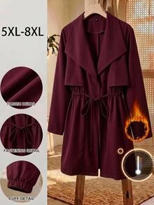 SHEIN CURVE+ Women's Loose Fit Mid-Length Lapel Collar Jacket Autumn Office Burgundy Smart Casual Elegant Christmas - Burgundy - View 1