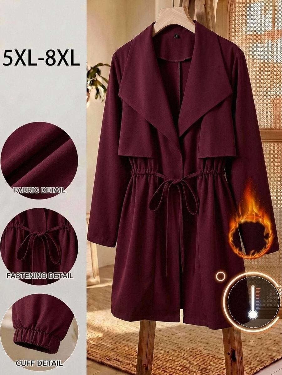 SHEIN CURVE+ Women's Loose Fit Mid-Length Lapel Collar Jacket Autumn Office Burgundy Smart Casual Elegant Christmas - Burgundy - View 1
