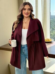 SHEIN CURVE+ Women's Loose Fit Mid-Length Lapel Collar Jacket Autumn Office Burgundy Smart Casual Elegant Christmas - Burgundy - View 3