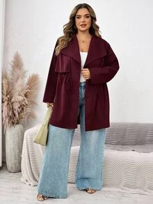 SHEIN CURVE+ Women's Loose Fit Mid-Length Lapel Collar Jacket Autumn Office Burgundy Smart Casual Elegant Christmas - Burgundy - View 5