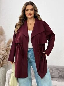 SHEIN CURVE+ Women's Loose Fit Mid-Length Lapel Collar Jacket Autumn Office Burgundy Smart Casual Elegant Christmas - Burgundy - View 6